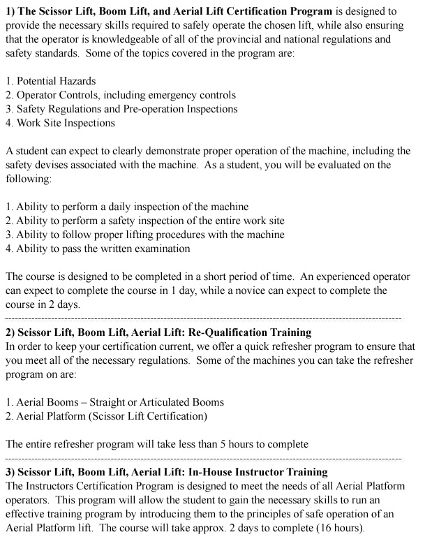 Aerial Lift / Boom Lift / Man Lift / Scissor Lift Training in Saskatchewan