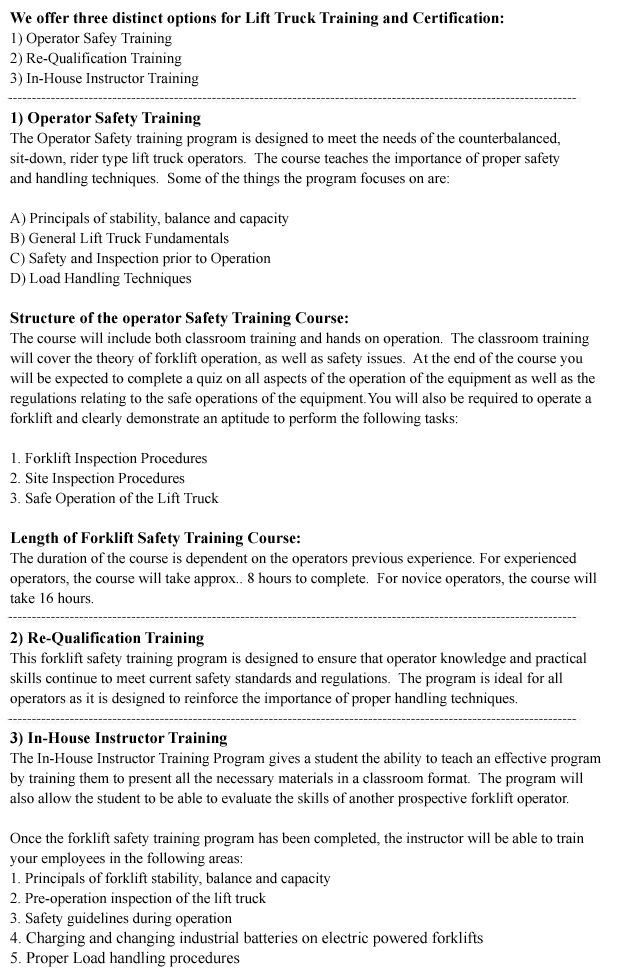 Operator Safety Training, ReQualification Training, InHouse